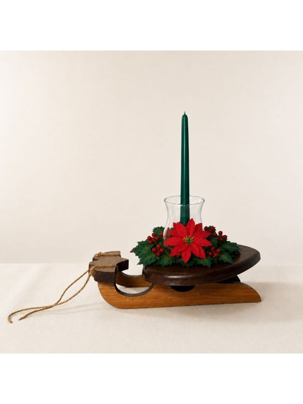 Handmade Christmas Centerpiece Wooden Heart Sleigh Hurricane Glass Rustic Decor